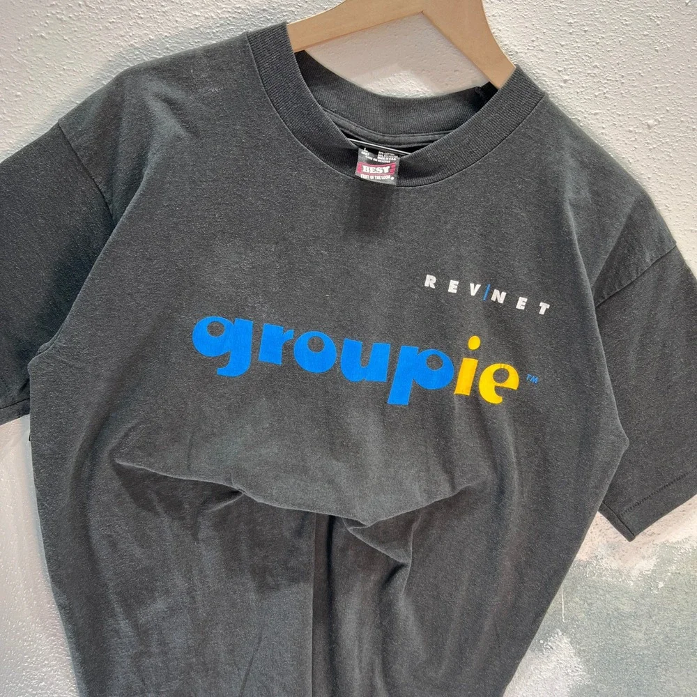 VTG 90s Revnet Groupie Tech T-Shirt Groupmaster.com Single Stitch Tee Mens Black